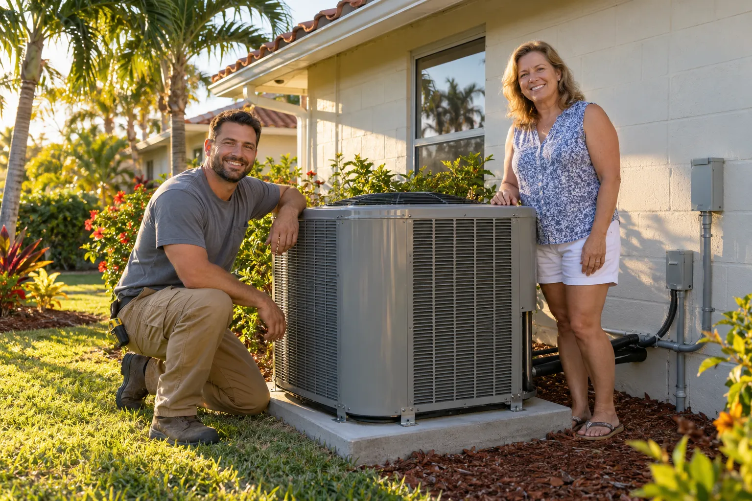 Friendly HVAC provider showing a homeowner a new outdoor air conditioner beside a block home in Miami