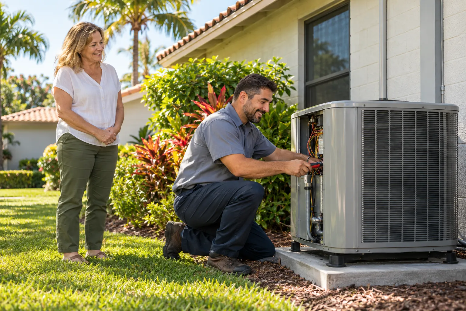 Friendly HVAC provider checking an outdoor AC unit beside a concrete block home in Miami