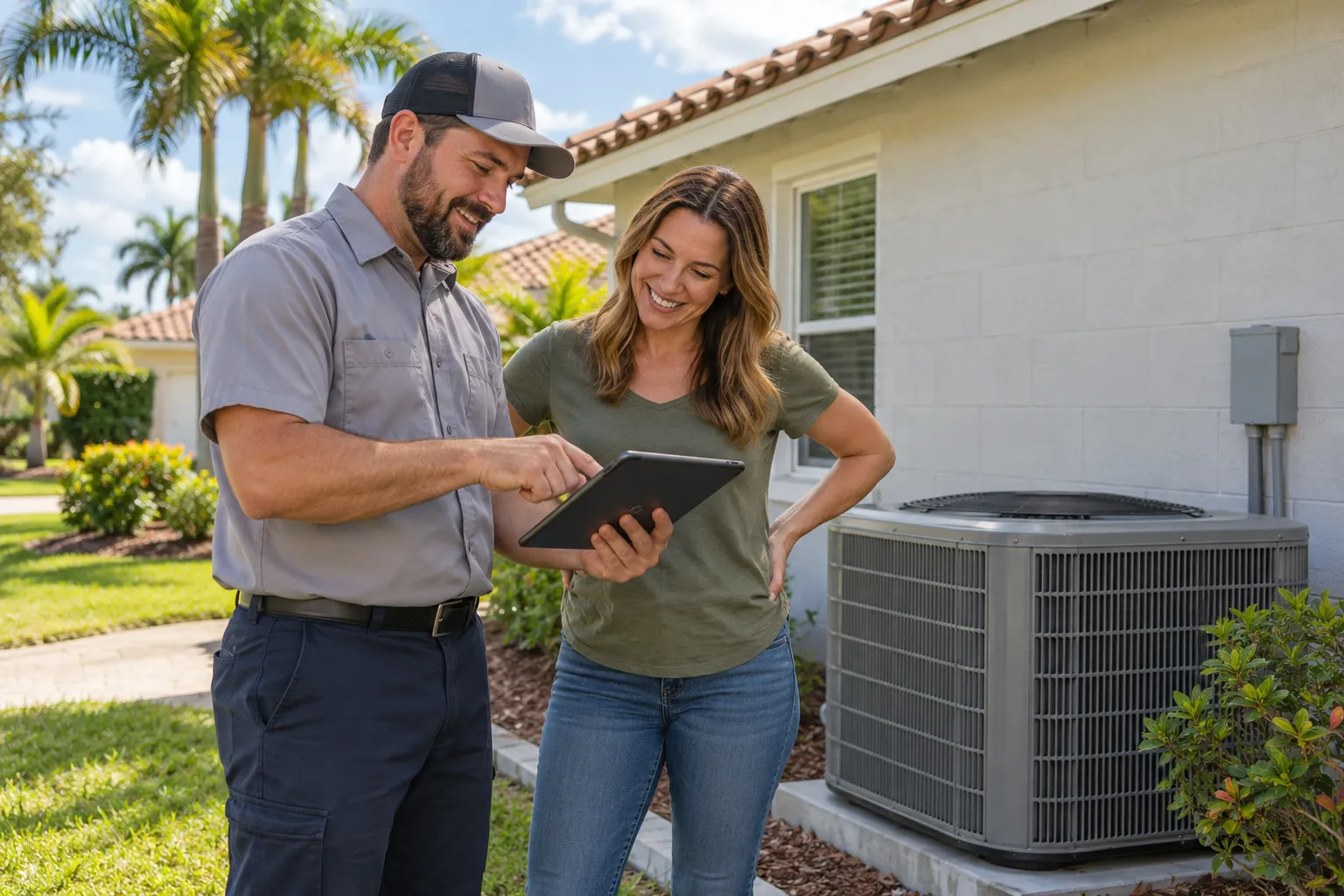 Homeowner reviewing an AC repair estimate with a local provider in Miami